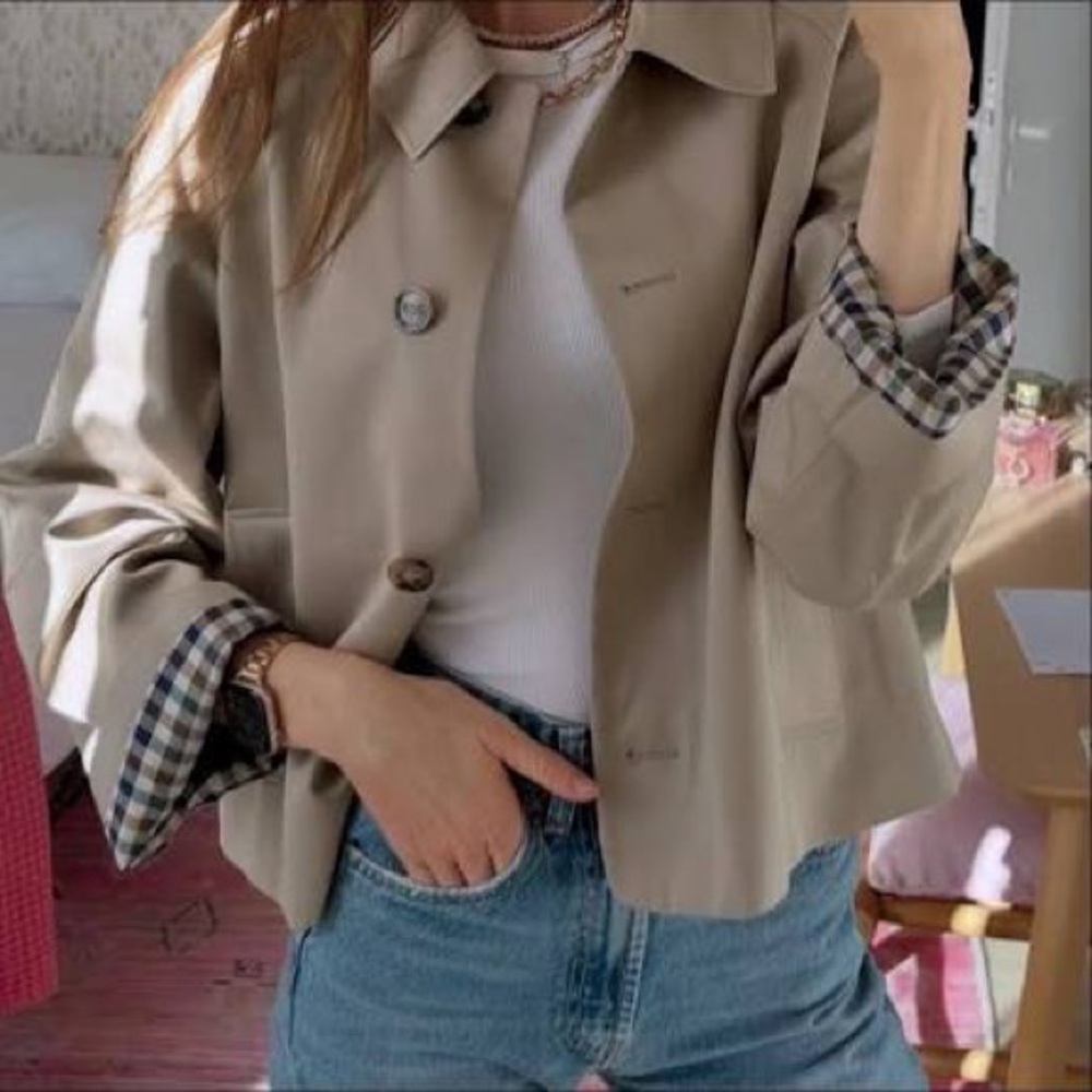 Sezane Bobby Jacket, Light Beige & Gingham, Oversized Cropped Trench, NWT Size 2 - Picture 5 of 16